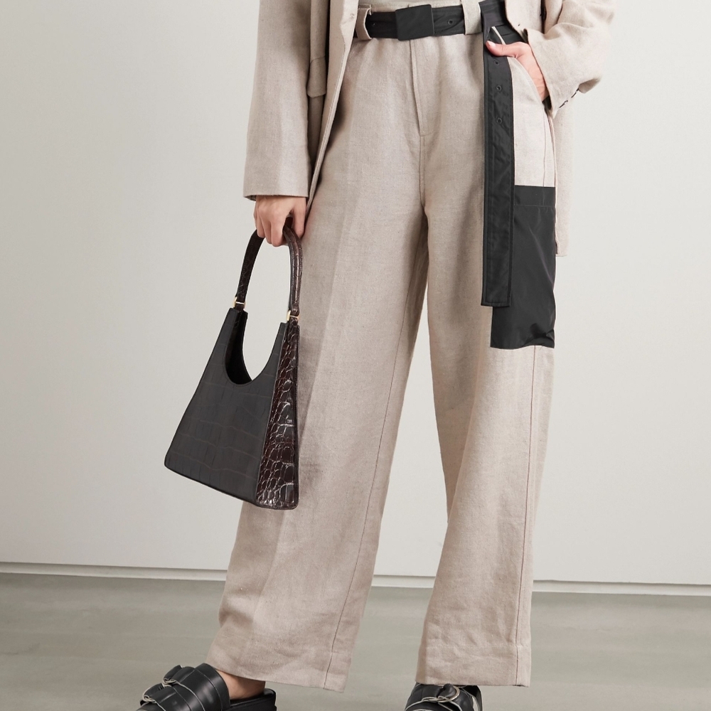 Ganni Beige and Black High Waist Wide Leg Belted Trousers